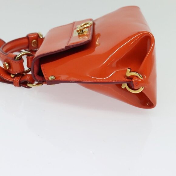 Salvatore Ferragamo Gancini Hand Bag Enamel 2way Orange Gold Auth - Picture 4 of 16